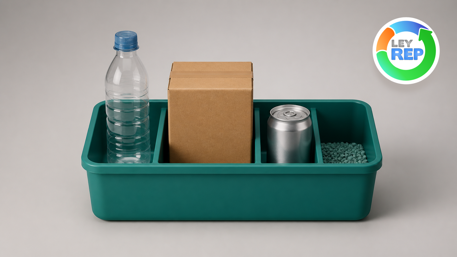 Contenedor con botella, caja de cartón, lata y material reciclable para ilustrar la gestión de envases bajo la Ley REP