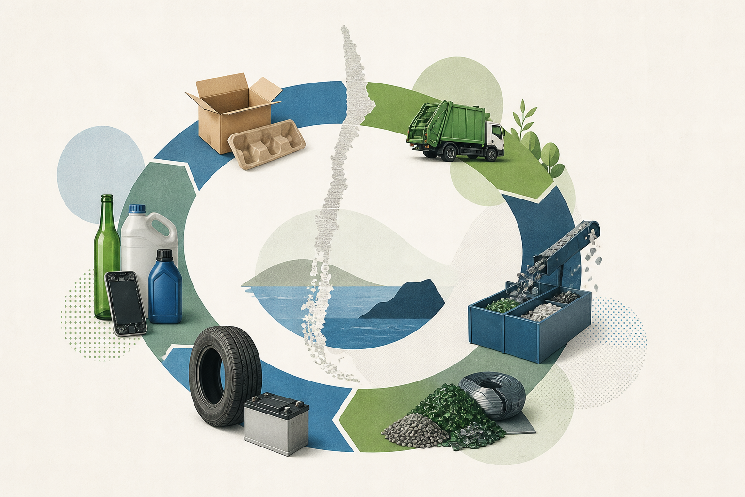 Ilustración editorial sobre la gestión circular de productos prioritarios bajo la Ley 20.920 en Chile